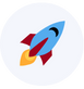 Small rocket icon with blue body, red fins, and orange flame, symbolizing growth, progress, and innovation, on a circular background.