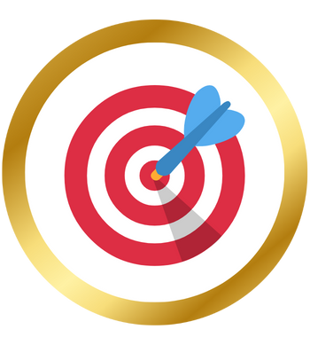 Target icon with red bullseye and a blue dart hitting the center, symbolizing precision, goals, and success, enclosed in a circular gold border.