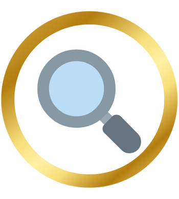 Magnifying glass icon in gray and blue, symbolizing search, analysis, and discovery, enclosed in a circular gold border.