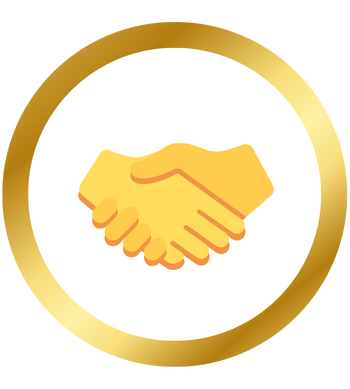 Golden handshake icon representing trust, partnership, and collaboration, enclosed in a circular gold border.