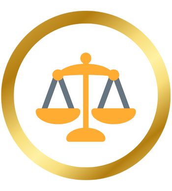Icon of balanced scales in orange and gray, symbolizing fairness and justice, enclosed in a circular gold border.