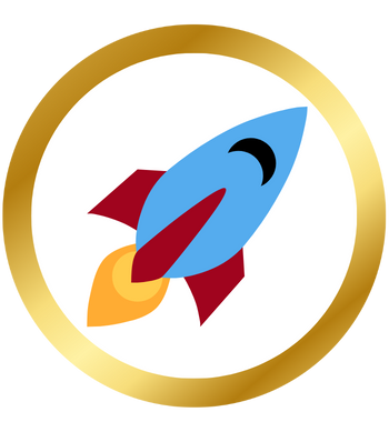 Colorful rocket icon with blue body, red fins, and orange flame, enclosed in a circular gold border, symbolizing growth and innovation.