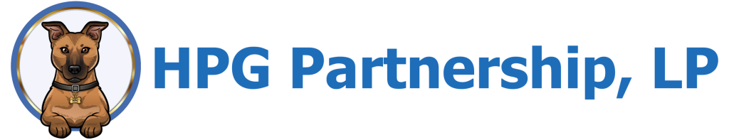 HPG Partnership, LP logo featuring a brown dog with a gold bone-shaped tag inside a blue and gold circular frame, placed next to bold blue company name text.